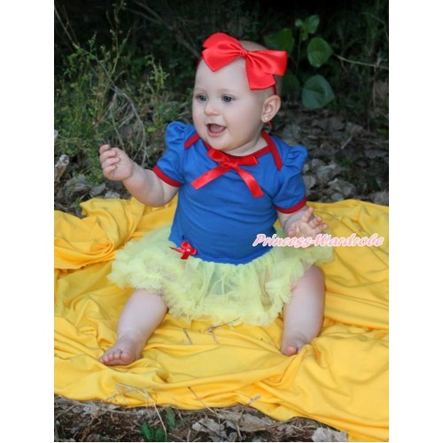 Snow White Royal Blue Red Ruffles Baby Jumpsuit Yellow Pettiskirt With Red Ribbon Bow With Red Headband Red Silk Bow JS3356